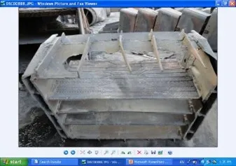 Burner tip plates after 15months of field trials showing intact laser cladded plate and worn out uncoated plate at top