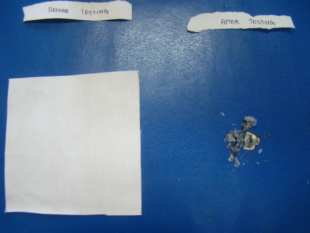 Photographs of untreated cotton fabric before and after flame test